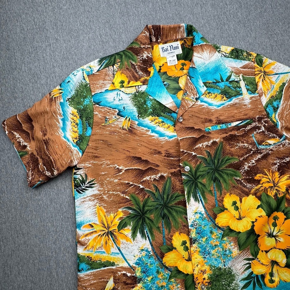 Kai Nani Hawaiian Shirt Floral Surf Surfers Short‎ Sleeve Button Up Camp Vtg Mtn